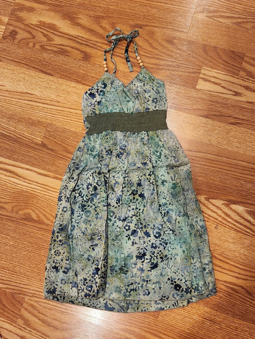Girls Olive Green Floral Halter Sundress with Smocked Waist